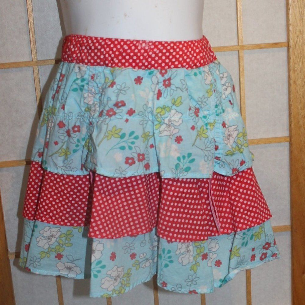 Deux par Deux Girls Size 2 Tiered Floral Polka Dot Skirt Cotton Elastic Waist